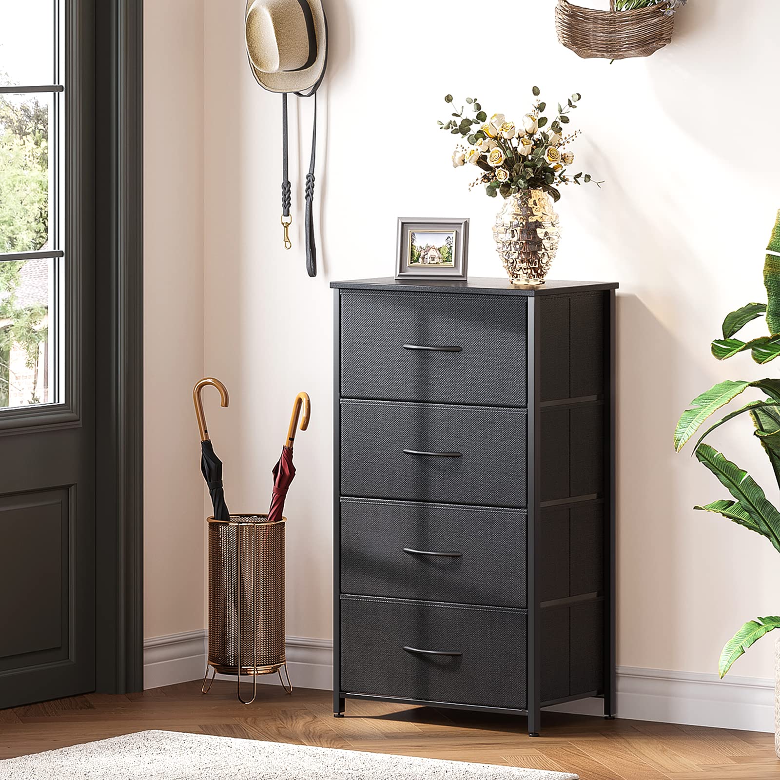 ODK dresser in black finish complements diverse decor and keeps items accessible.