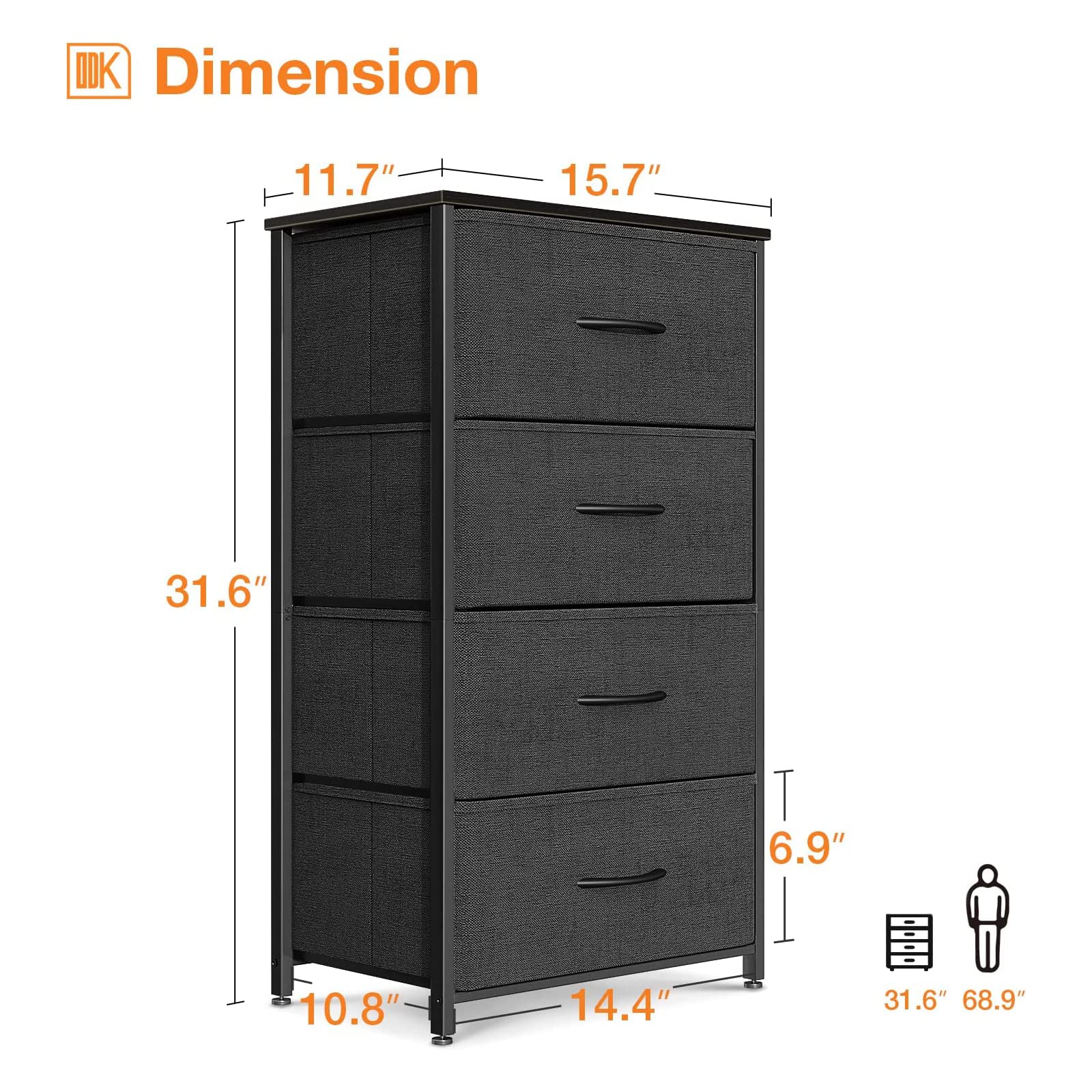 ODK dresser offers four fabric drawers to organize belongings.