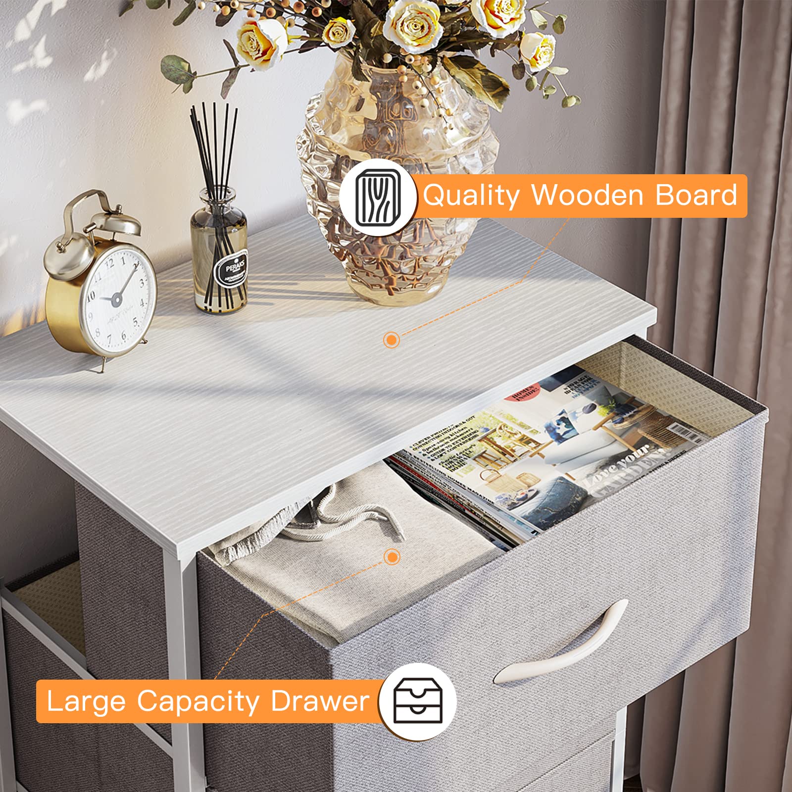 ODK light-grey fabric drawers with wood top for a soft look.