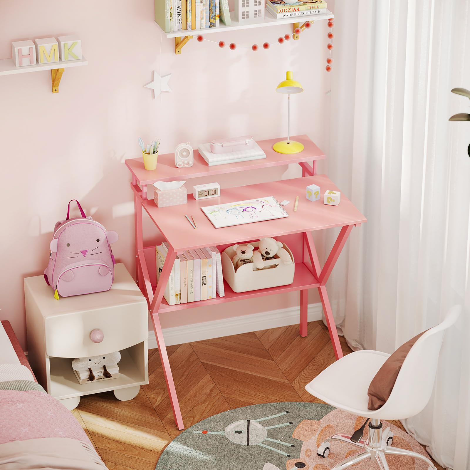 ODK Small Desk pink monitor-stand elevates screens to eye level