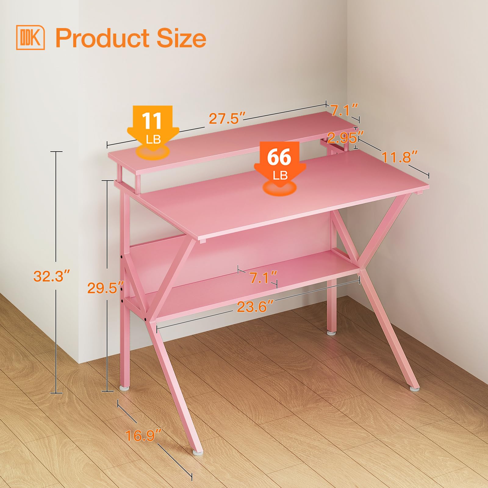 ODK Small Desk pink top-shelf keeps monitors and lamps organized