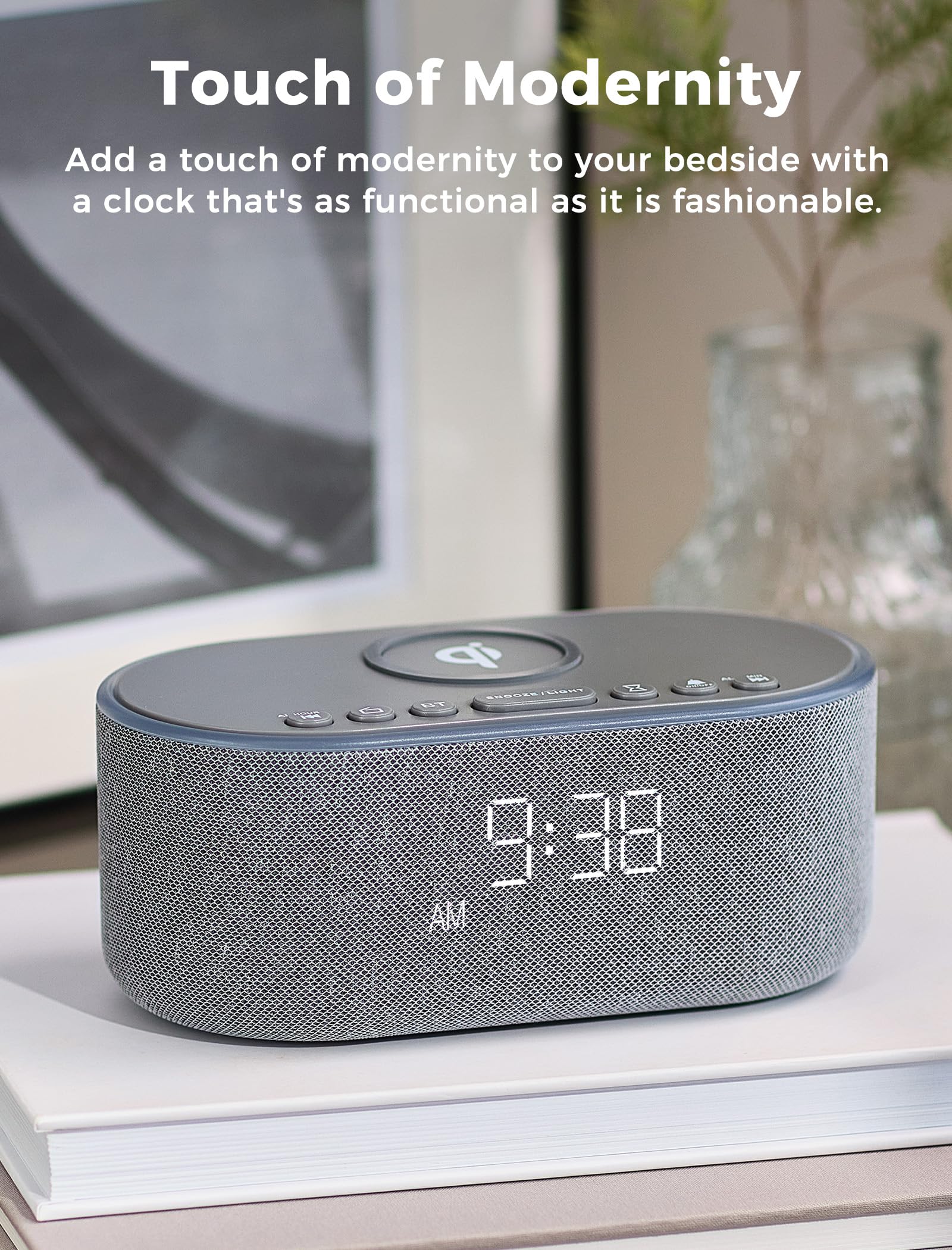 Odokee gray nightstand clock blends with modern bedroom decor.
