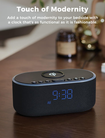 Odokee wireless charging alarm clock black bedside use demonstrates versatile bedroom setup