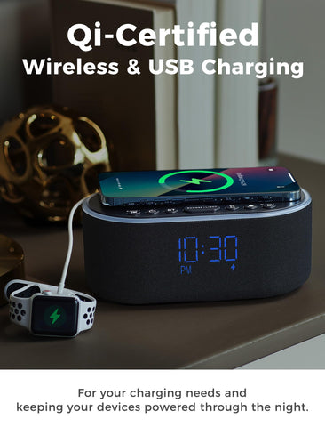 Odokee wireless charging alarm clock black Bluetooth speaker delivers clear sound for mornings