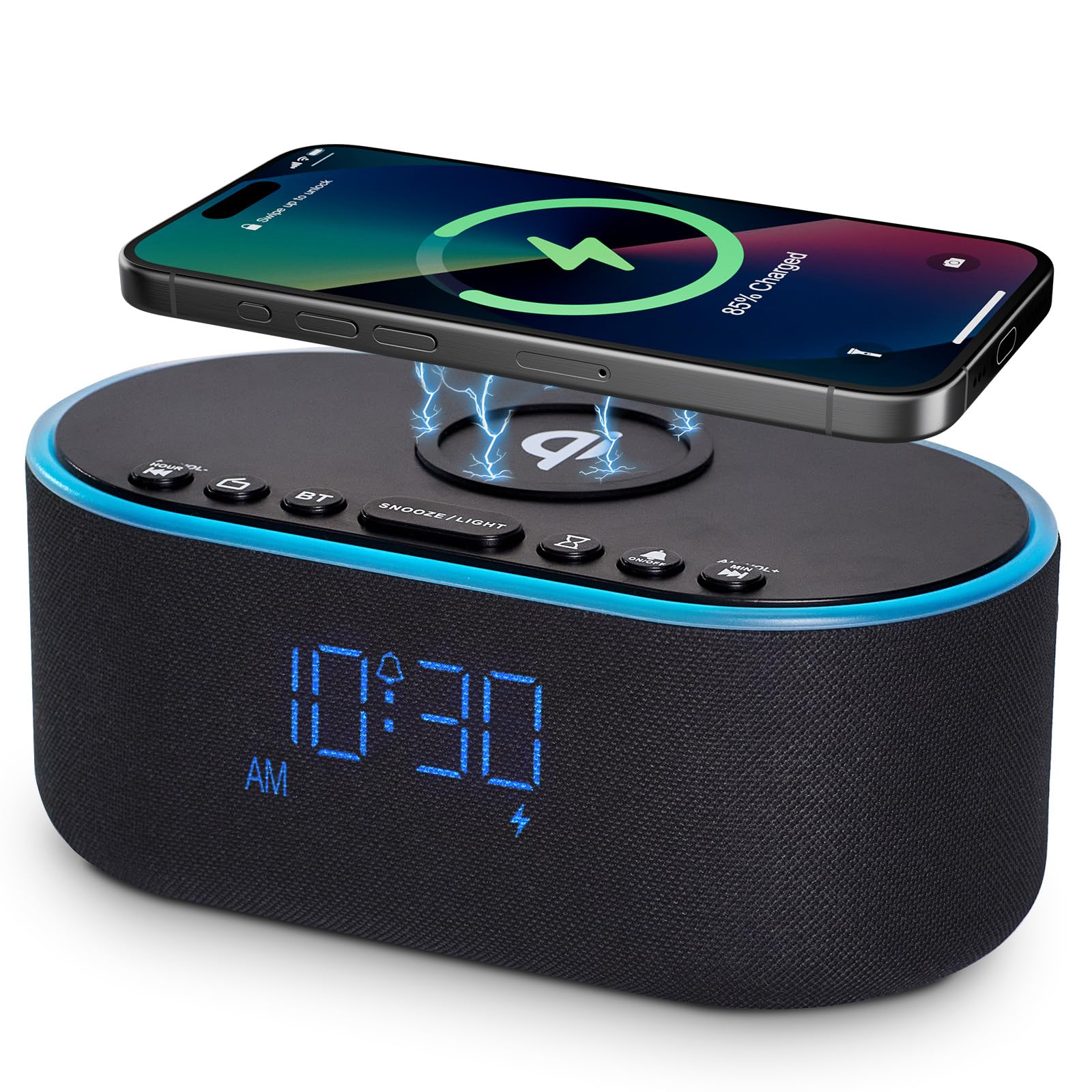 Odokee wireless charging alarm clock front view with a sleek bedside setup and fast charging