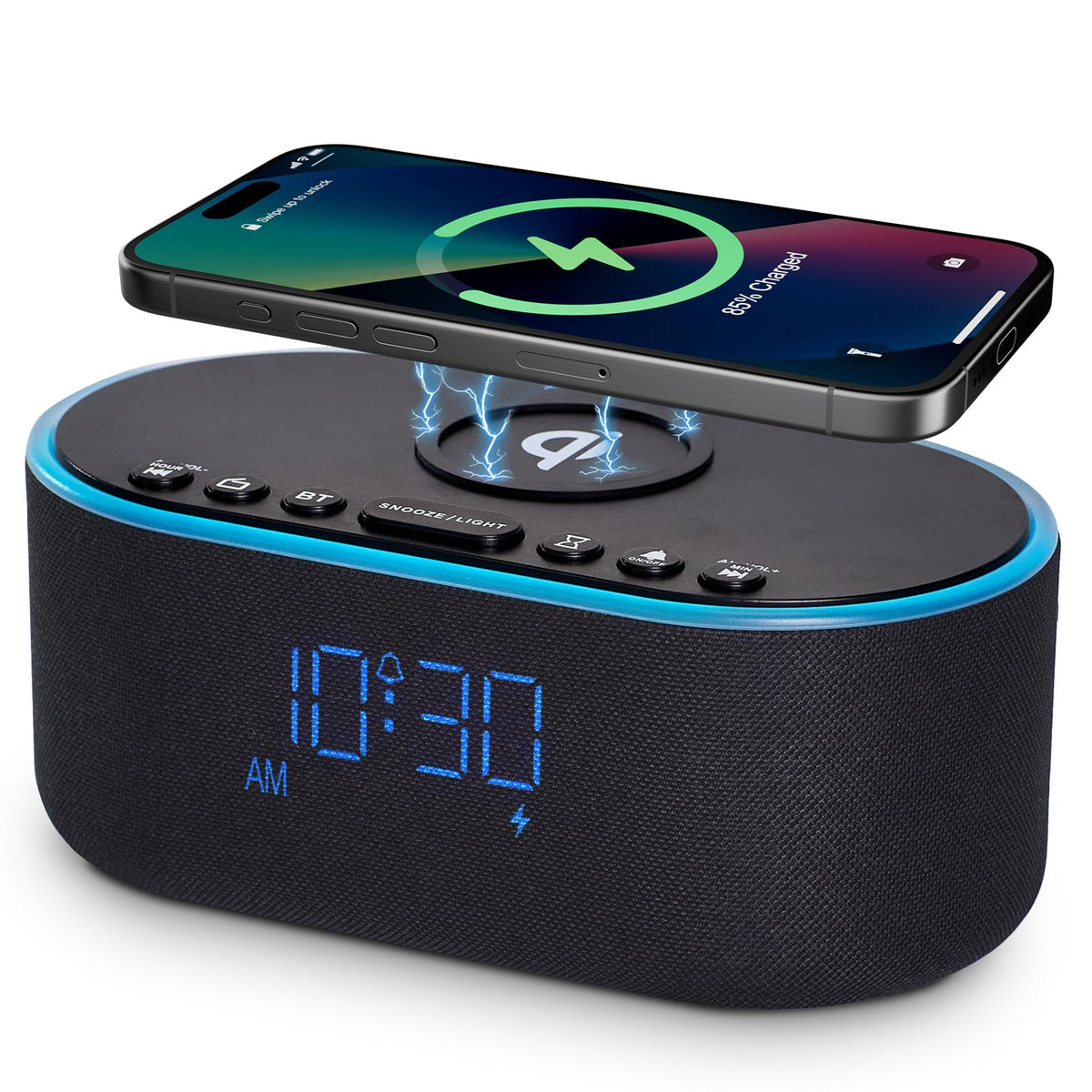 Odokee wireless charging alarm clock front view with a sleek bedside setup and fast charging