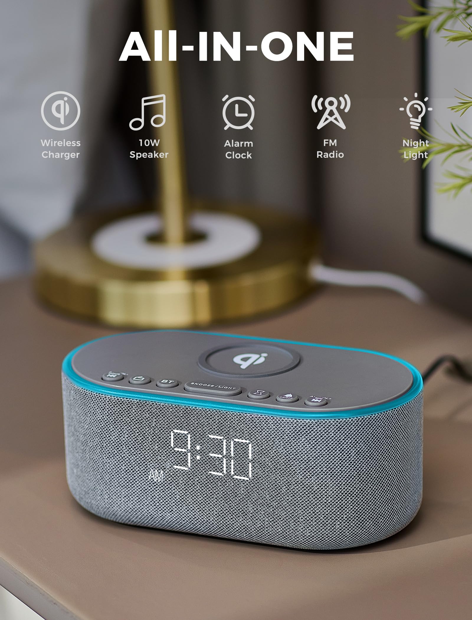 Odokee wireless charging alarm clock radio front view with accessible controls.