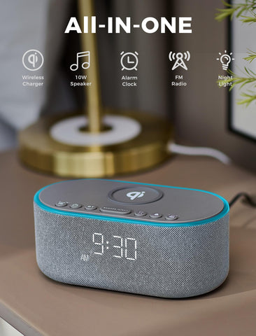 Odokee wireless charging alarm clock radio front view with accessible controls.