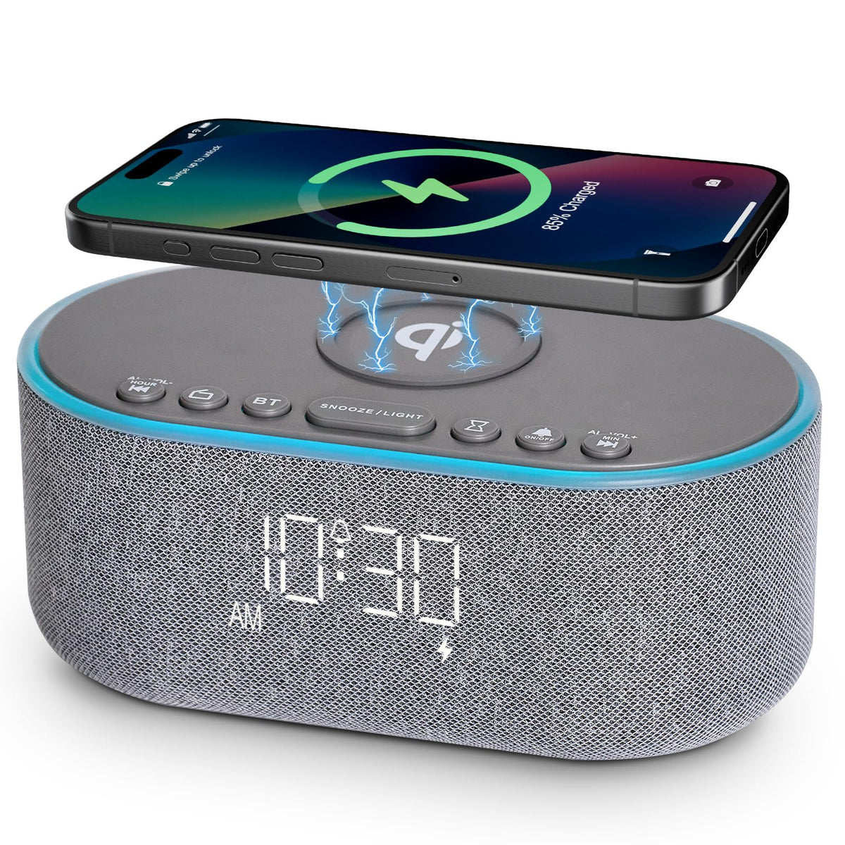 Odokee wireless charging alarm clock radio top view with clutter-free nightstand charging.