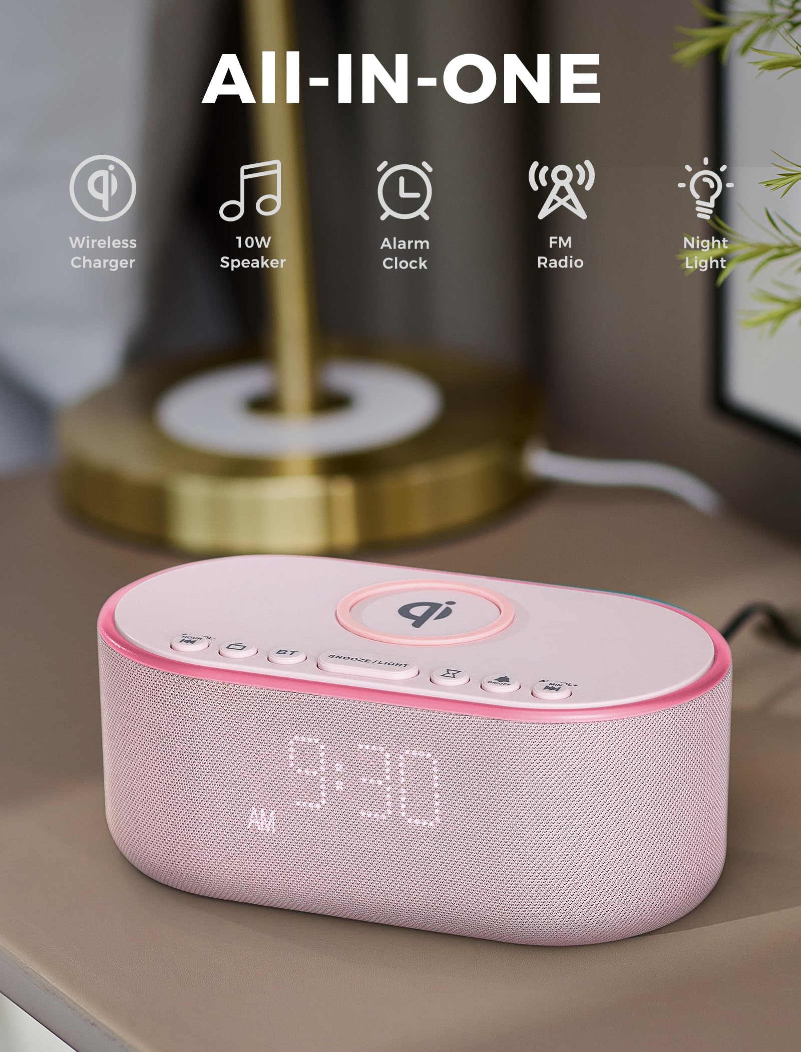 Odokee wireless charger on the pink unit, ready for quick phone power overnight.