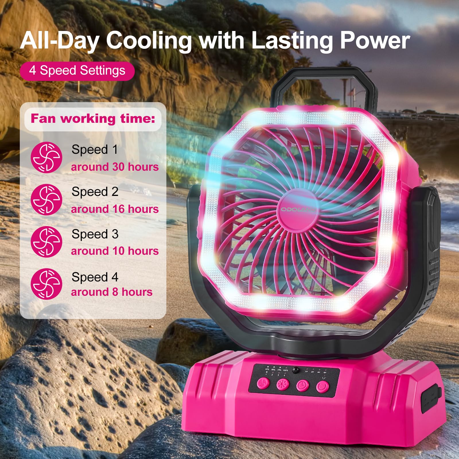 Odoland camping fan with 360° rotation and hanging hook for versatile placement.