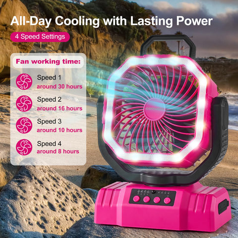 Odoland camping fan with 360° rotation and hanging hook for versatile placement.