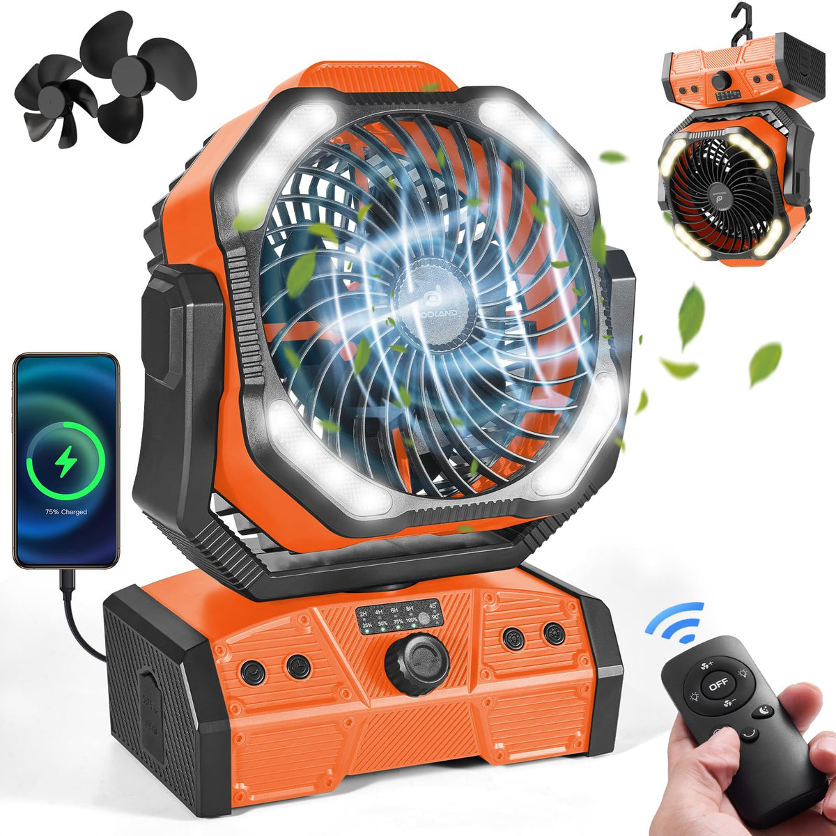 Odoland 40000mAh camping fan front view with dual blades delivering strong airflow.