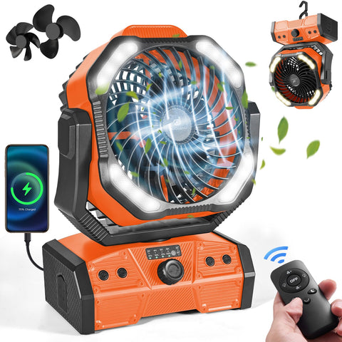Odoland 40000mAh camping fan front view with dual blades delivering strong airflow.