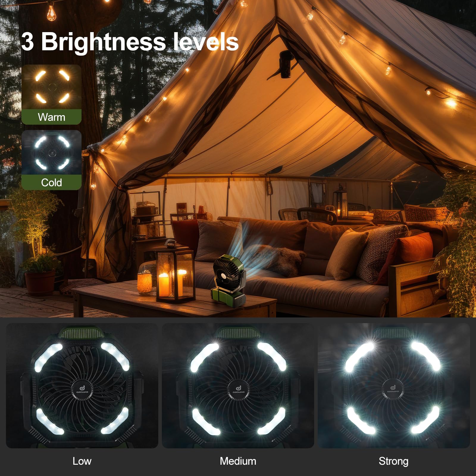 Odoland camping fan with double blade design for stronger breeze.