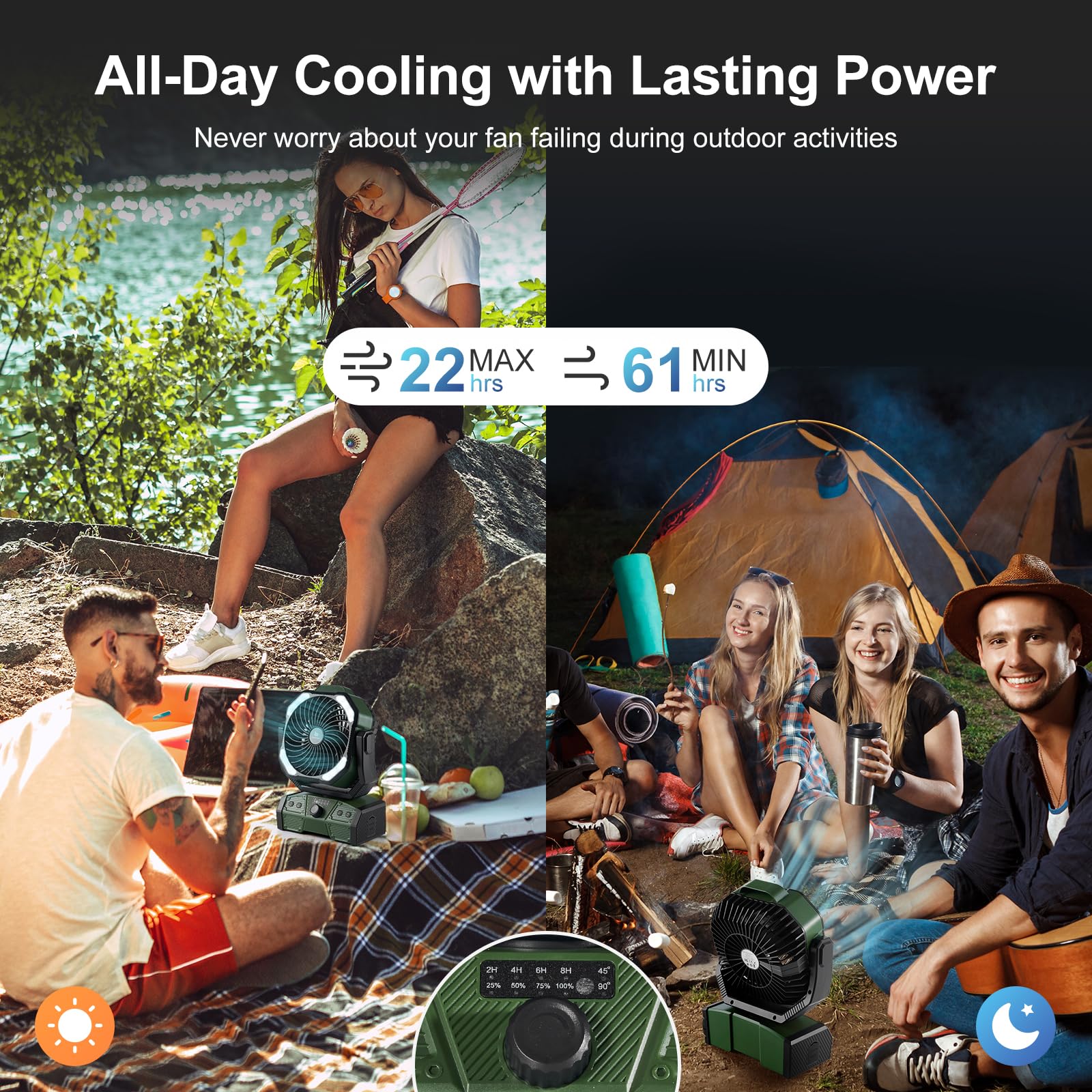 Odoland camping fan LED light provides visibility for night use.