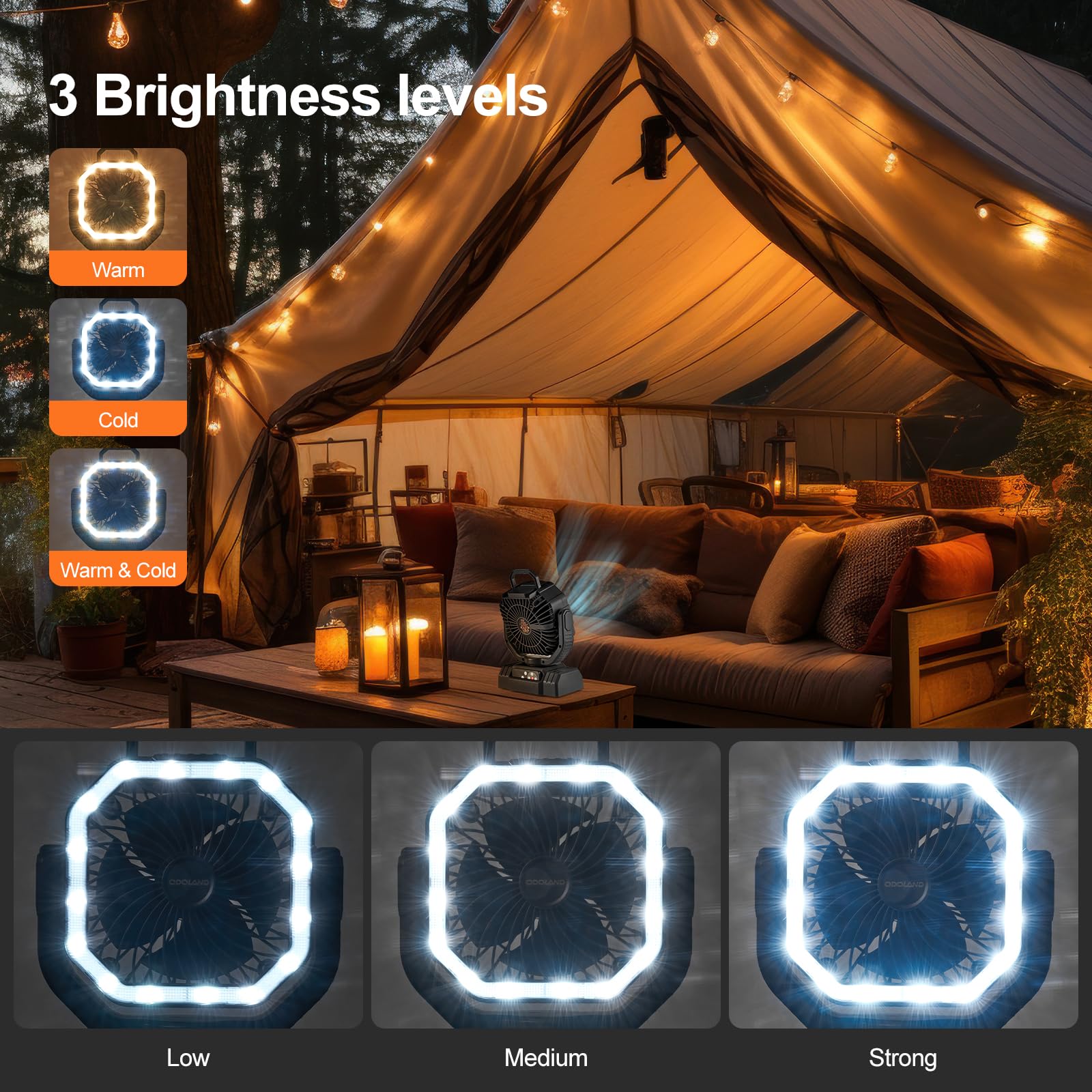 Odoland LED lantern with three colors and three brightness levels for campsite lighting.