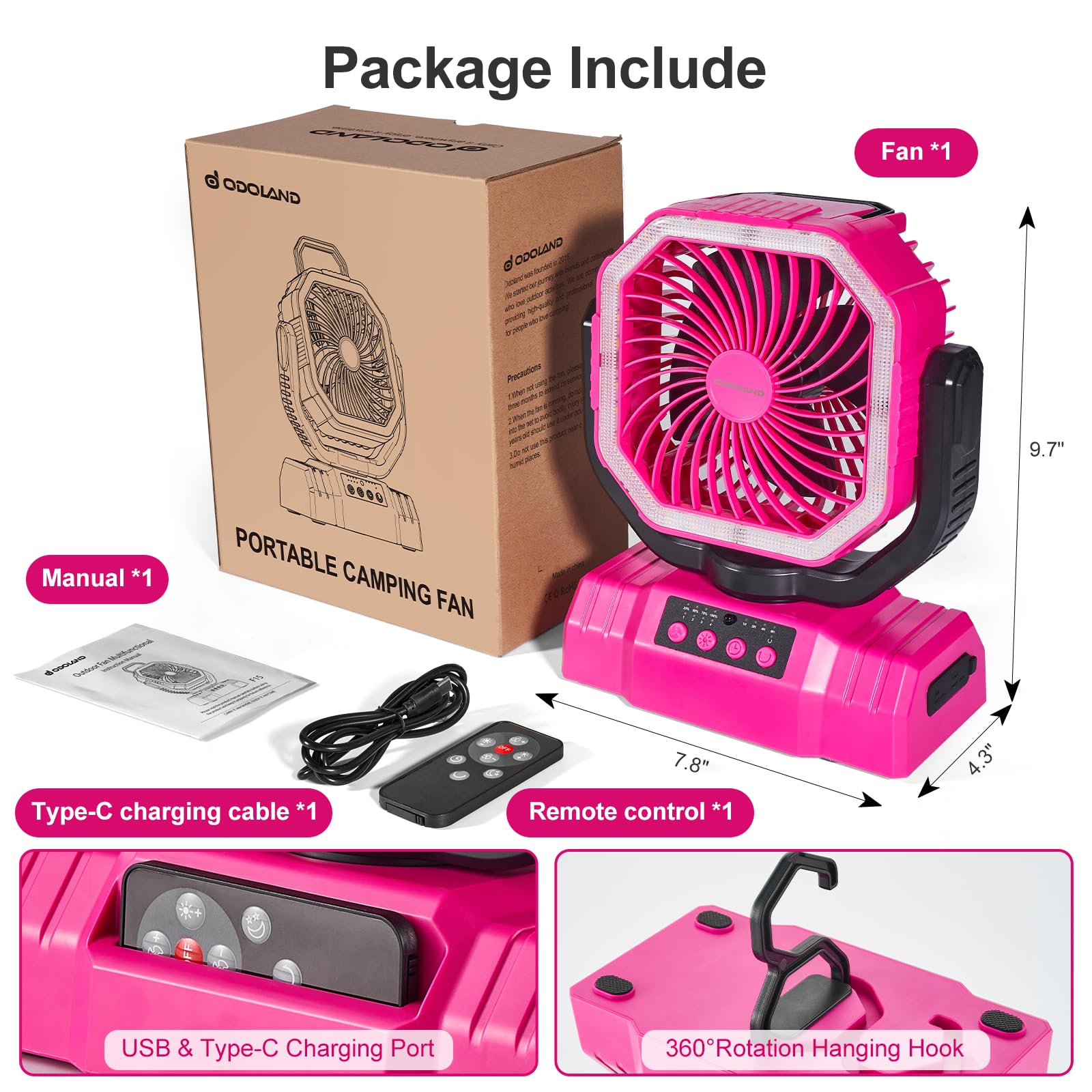 Odoland lightweight tent fan with hanging clip for flexible setups.
