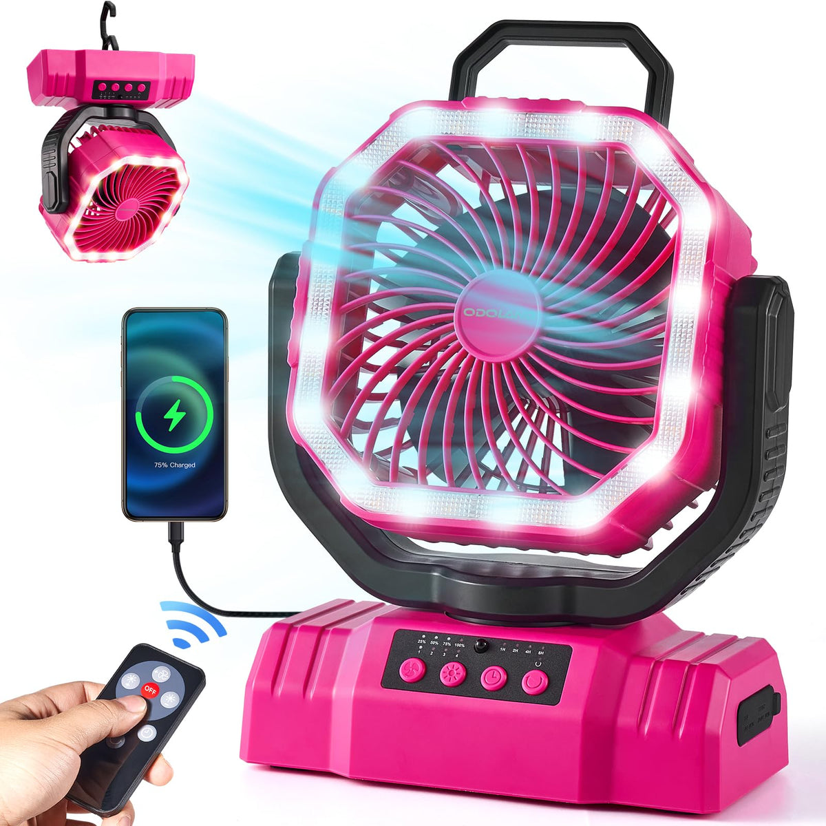 Odoland portable camping fan with LED lantern on table delivers gentle light and cooling at camp.