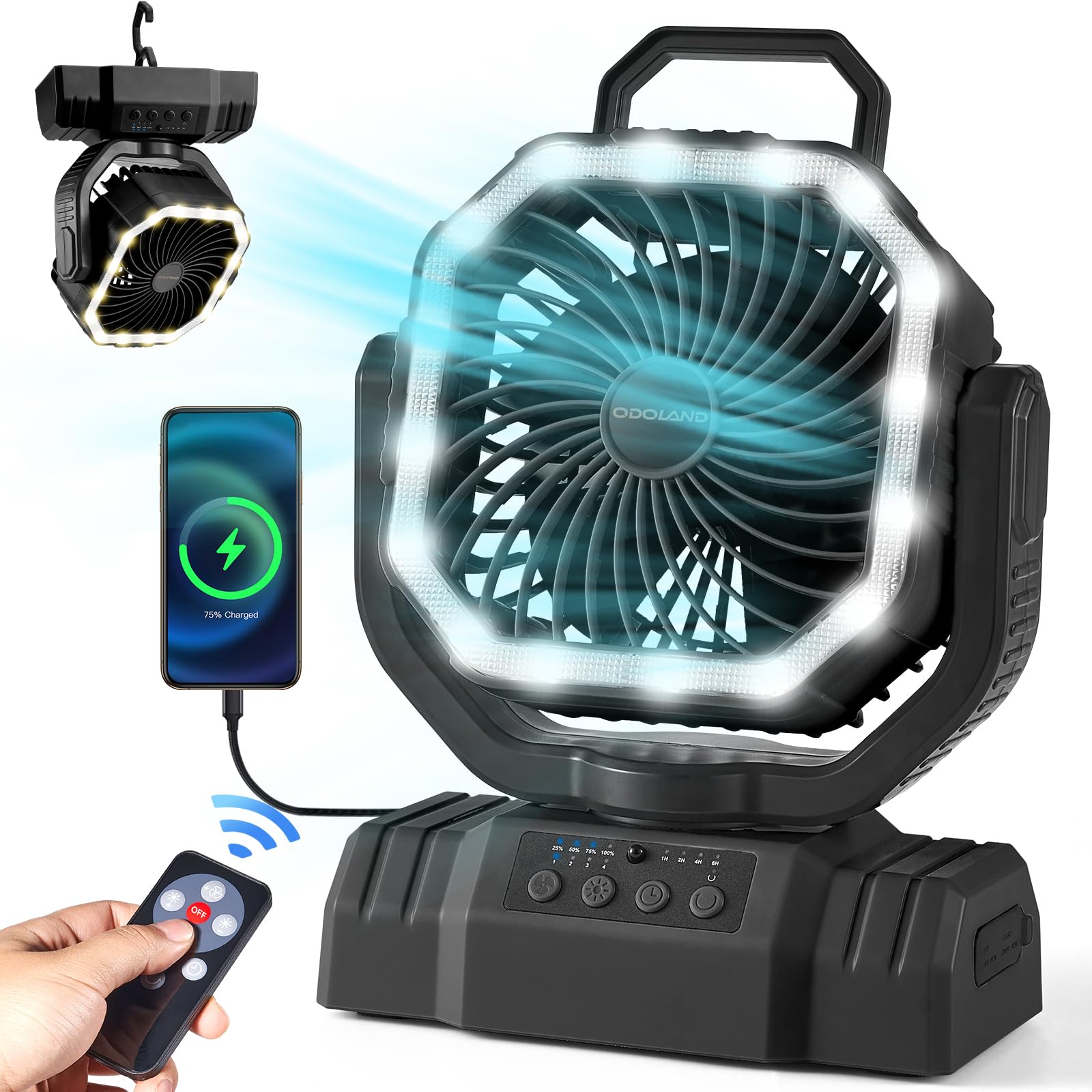 Odoland portable camping fan with LED lantern lighting your tent.