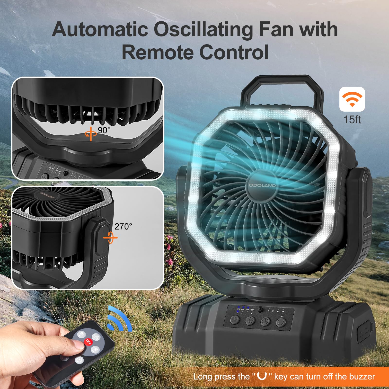 Odoland rechargeable fan showing USB charging for devices.