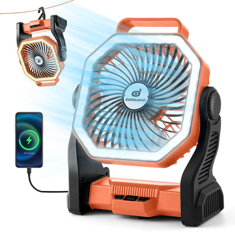 Odoland rechargeable camping fan for portable cooling on outdoor adventures.