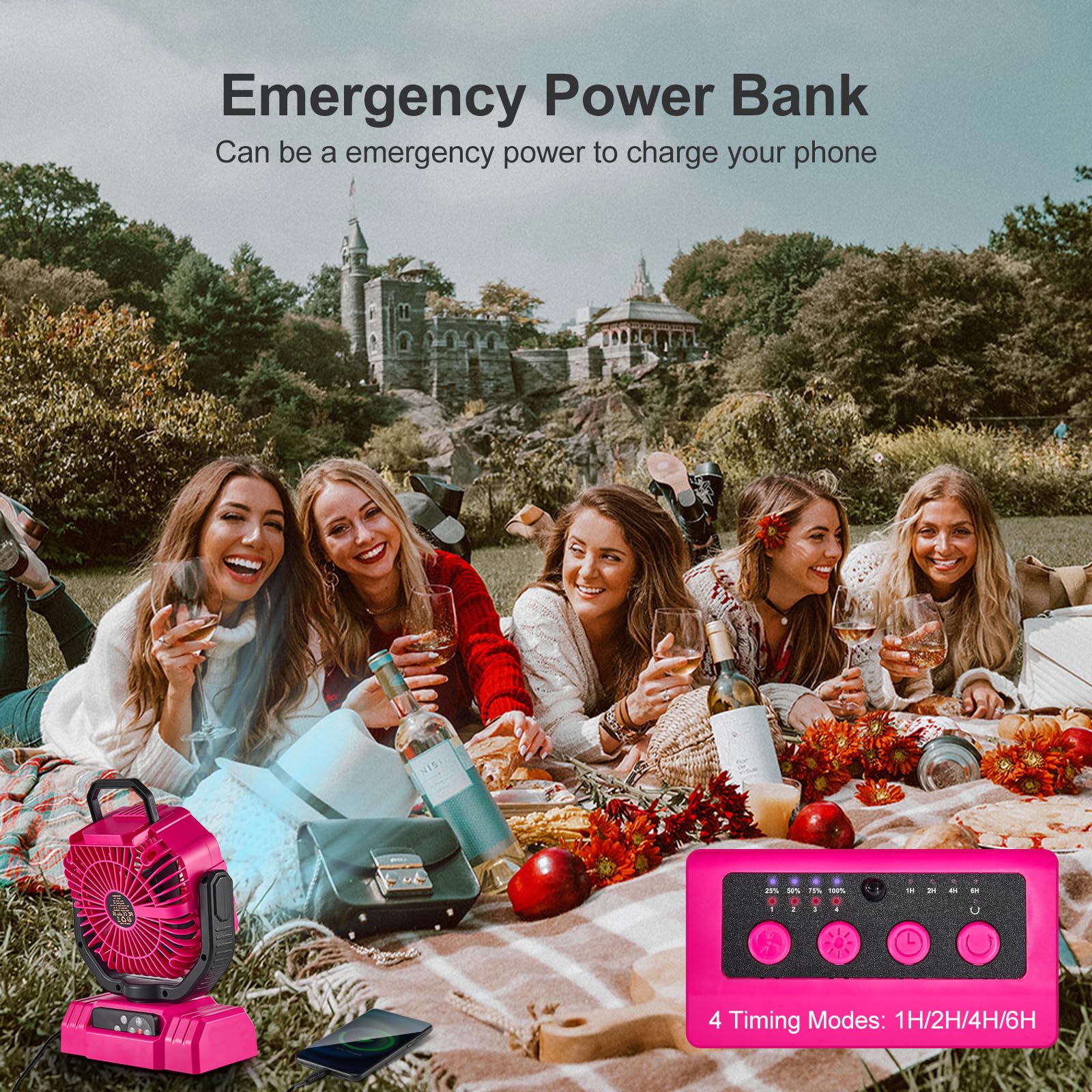 Odoland rechargeable fan with power bank capability supports emergency charging.