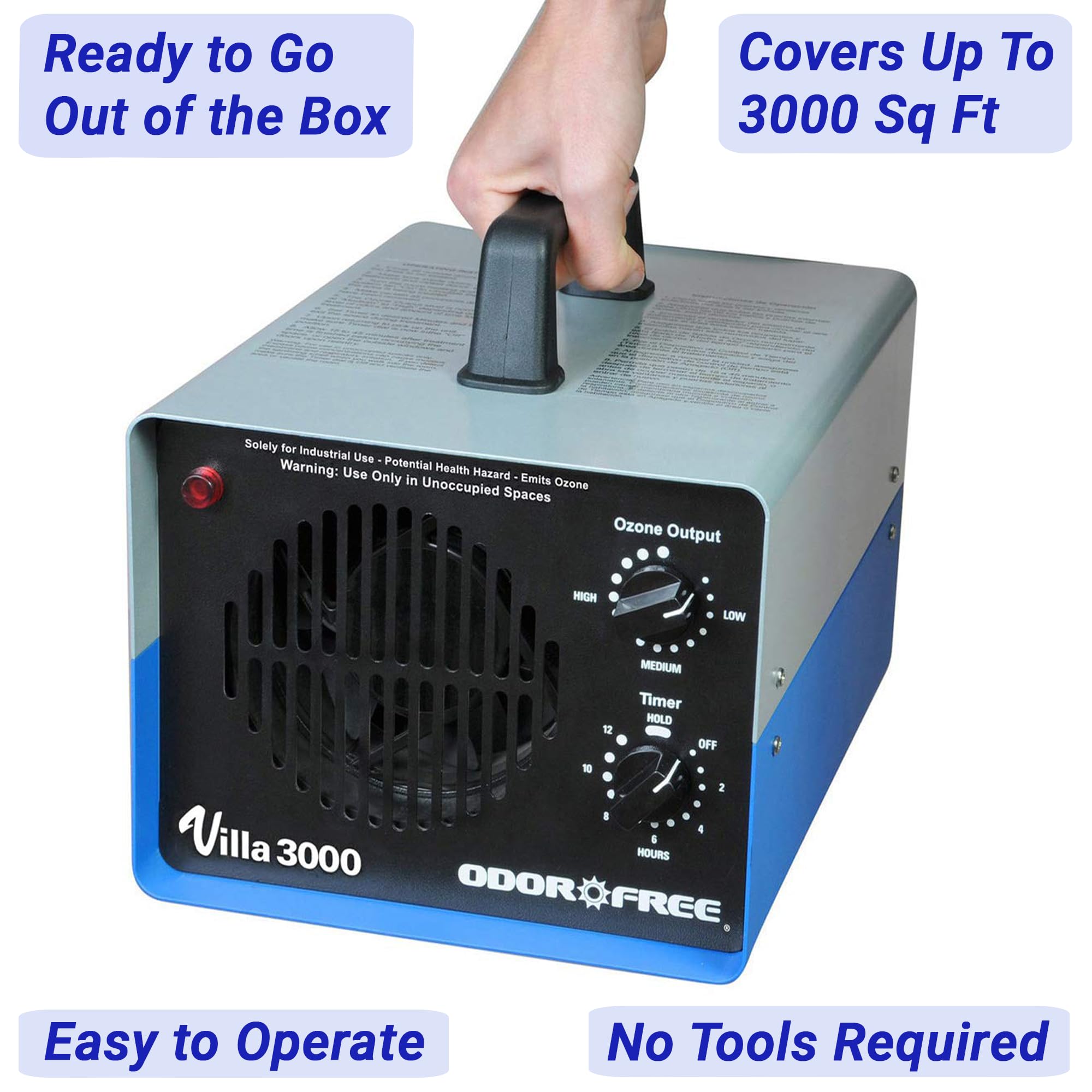 OdorFree Villa 3000 ozone output demonstrates adjustable power for varying spaces.