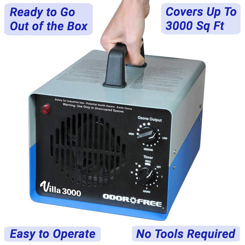 OdorFree Villa 3000 ozone output demonstrates adjustable power for varying spaces.