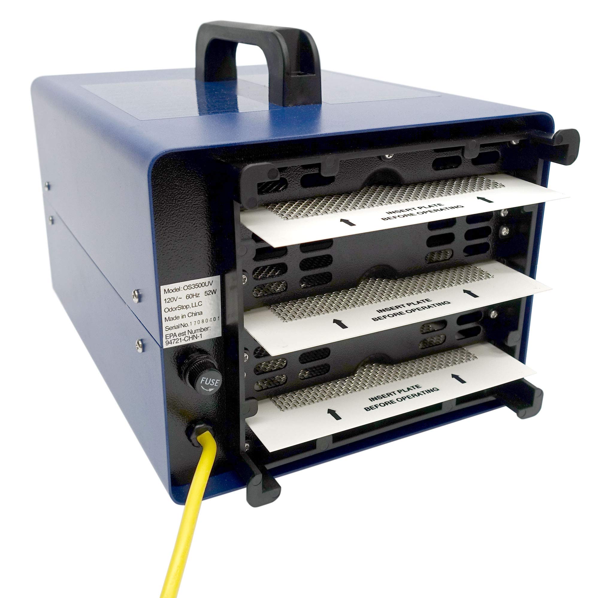 OdorStop OS3500UV controls panel highlights timer and adjustable ozone output.