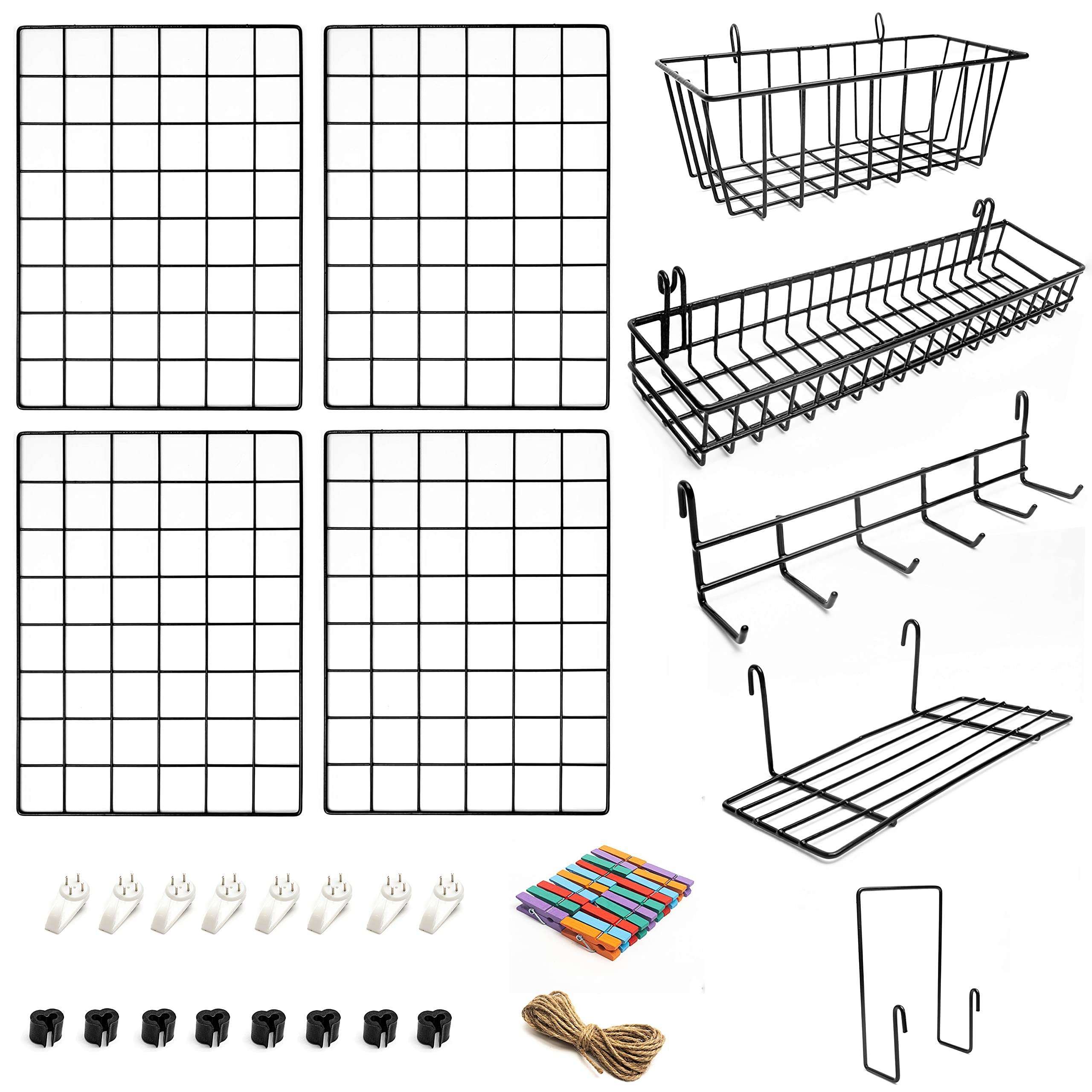 Odoxia 4-pack wire wall grid with baskets for organized storage at home.