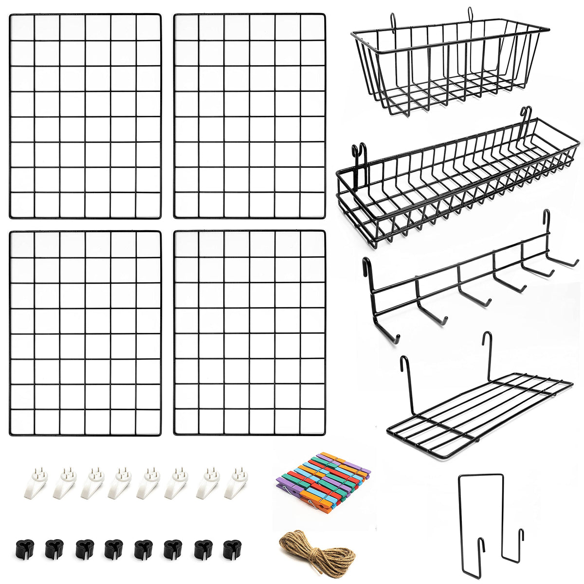 Odoxia 4-pack wire wall grid with baskets for organized storage at home.