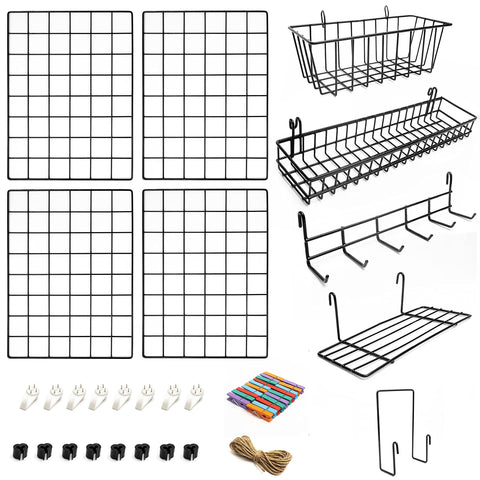 Odoxia 4-pack wire wall grid with baskets for organized storage at home.