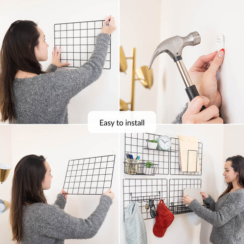 Odoxia wire grid with hooks rack for quick room organization.