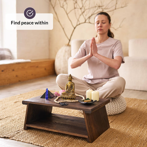 ODOXIA chabudai-style altar table, low profile for meditation and tranquil room balance.
