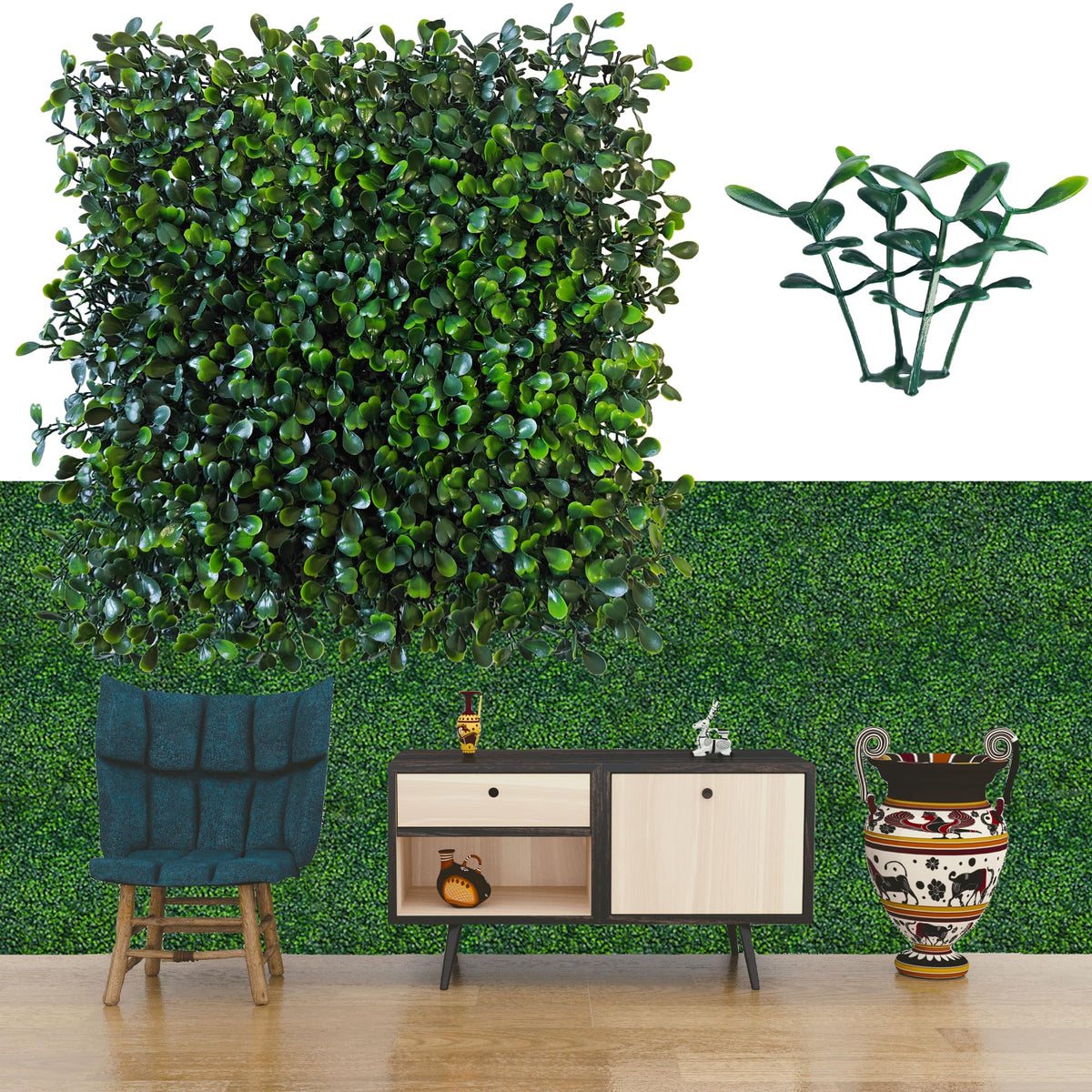 ODTORY artificial grass wall panel closeup with 3D leaves for a realistic privacy backdrop
