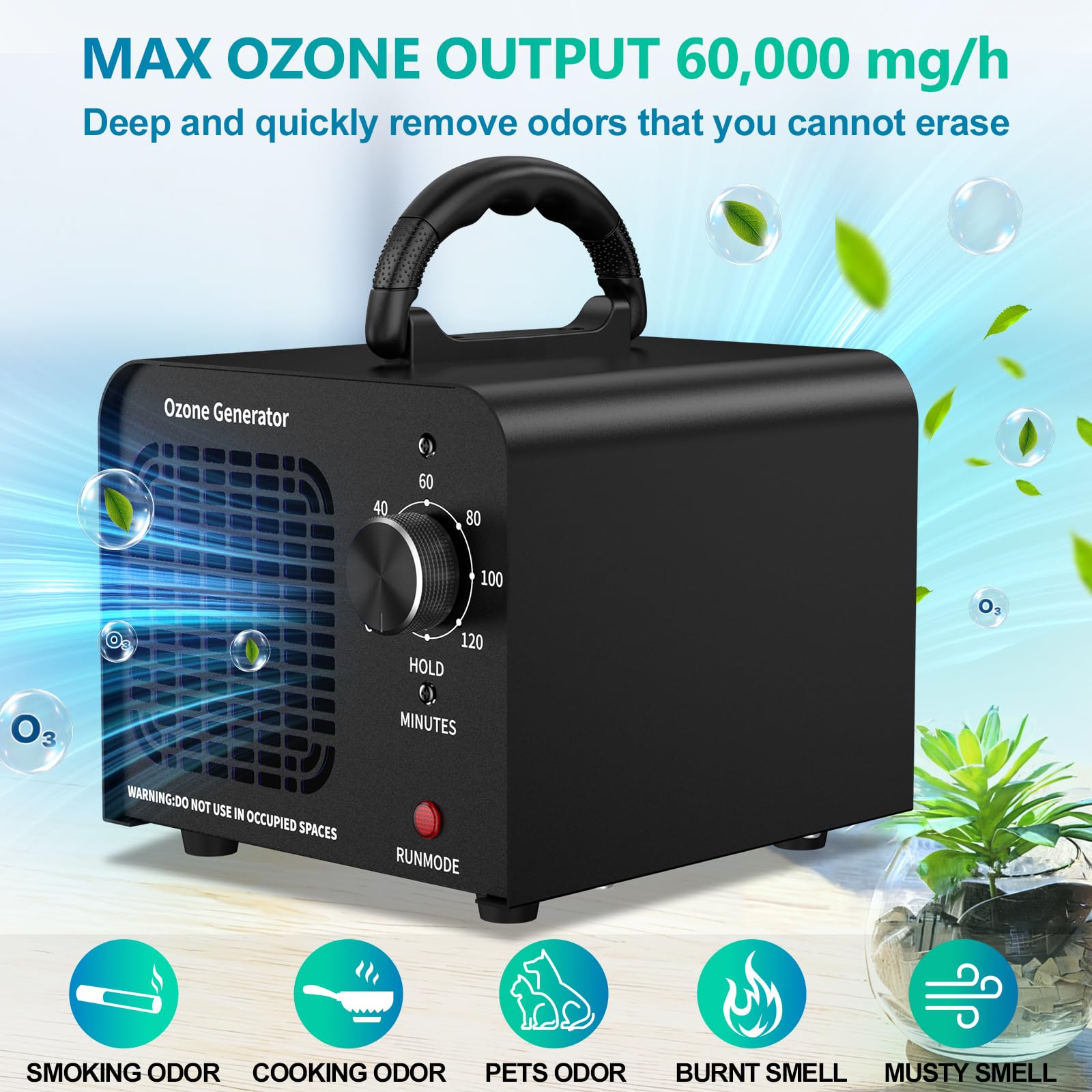 ODUOD 65000mg/h ozone generator side view highlights portable, commercial-grade design