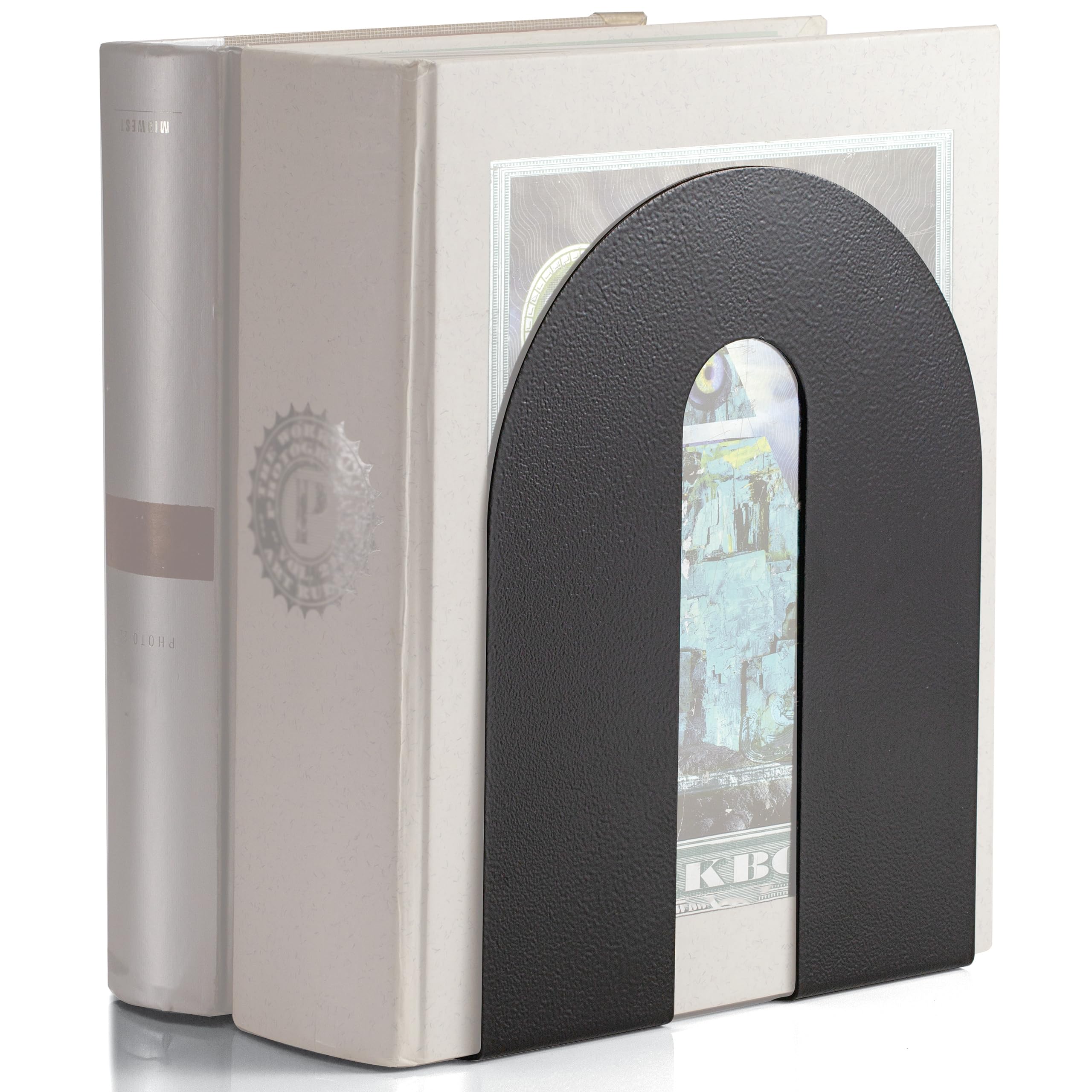 Officemate heavy-duty bookends with 10-inch base provide secure, slip-free stacks.
