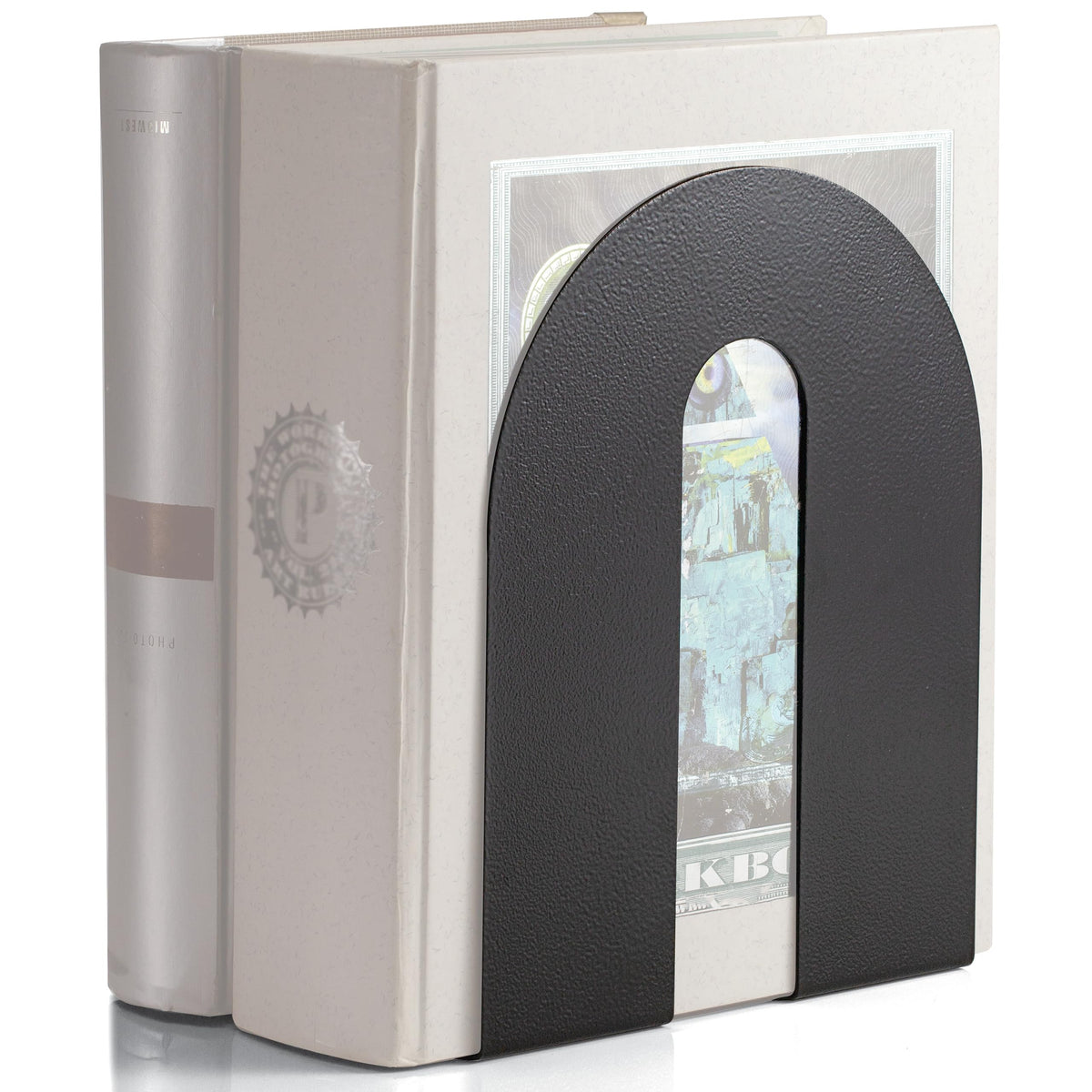 Officemate heavy-duty bookends with 10-inch base provide secure, slip-free stacks.
