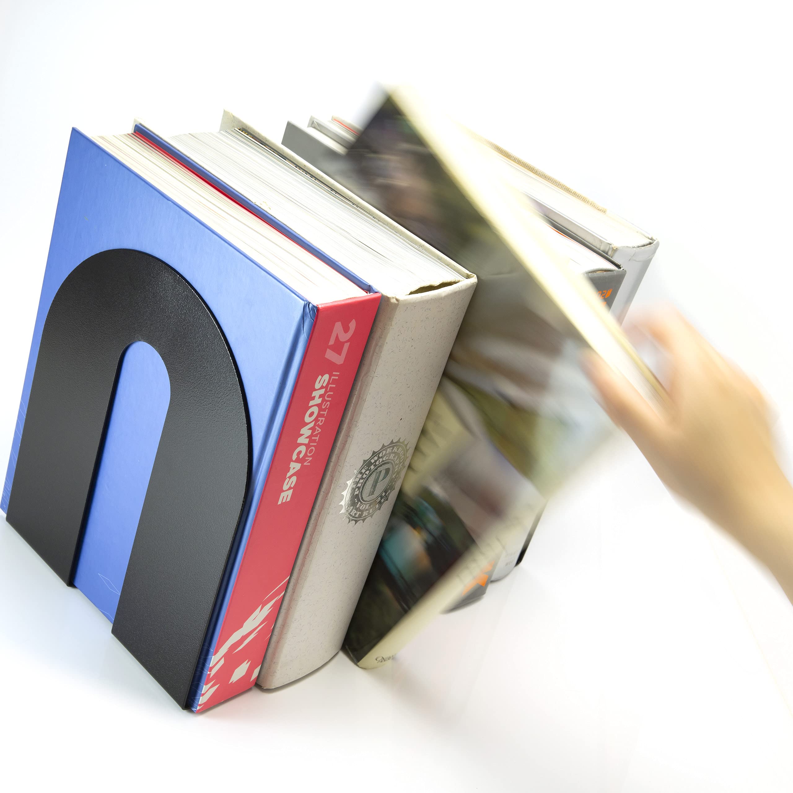 Officemate bookends help organize a shelf for a clean, professional look.