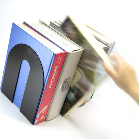 Officemate bookends help organize a shelf for a clean, professional look.