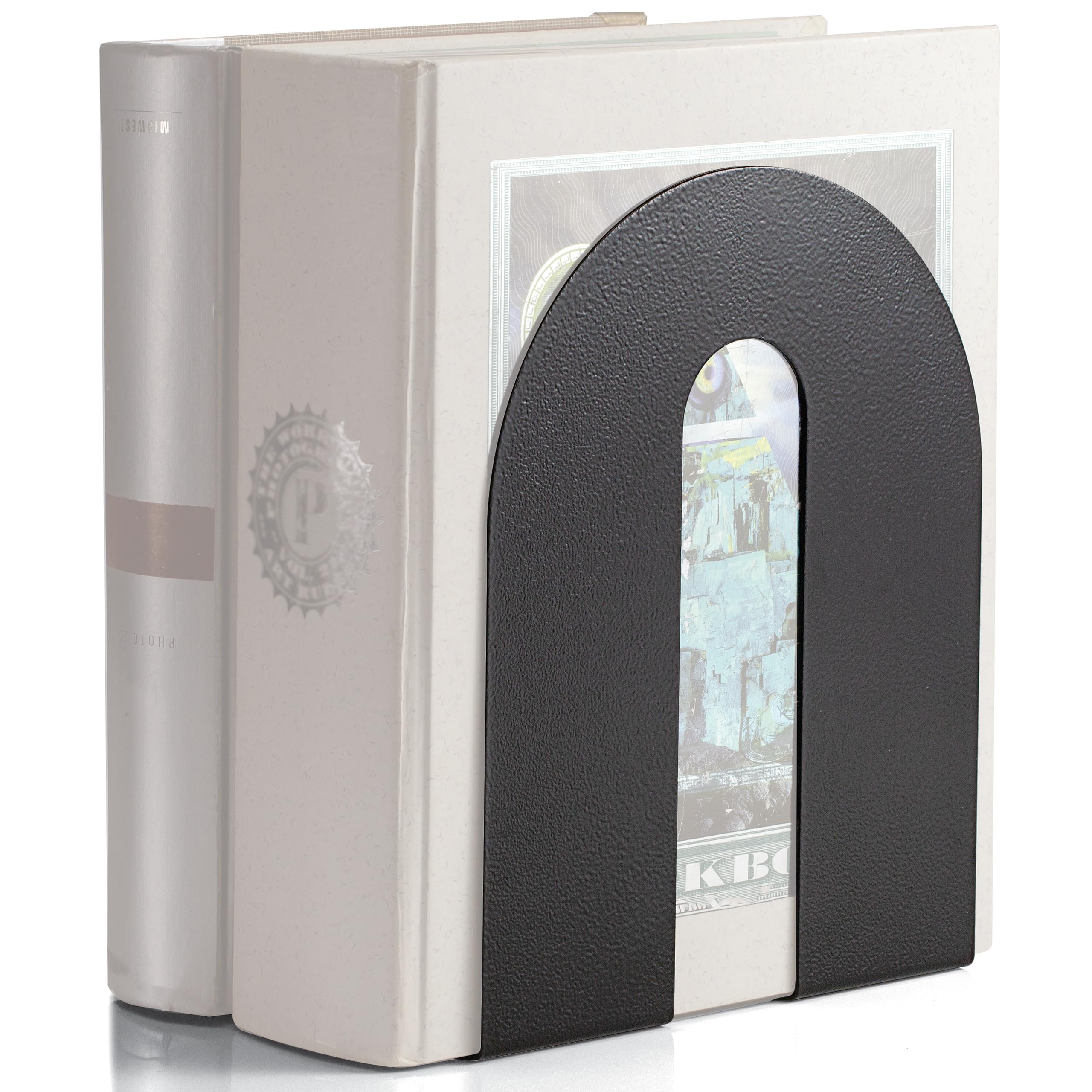 Officemate bookends with weighted base keep books upright on a desk for stability.