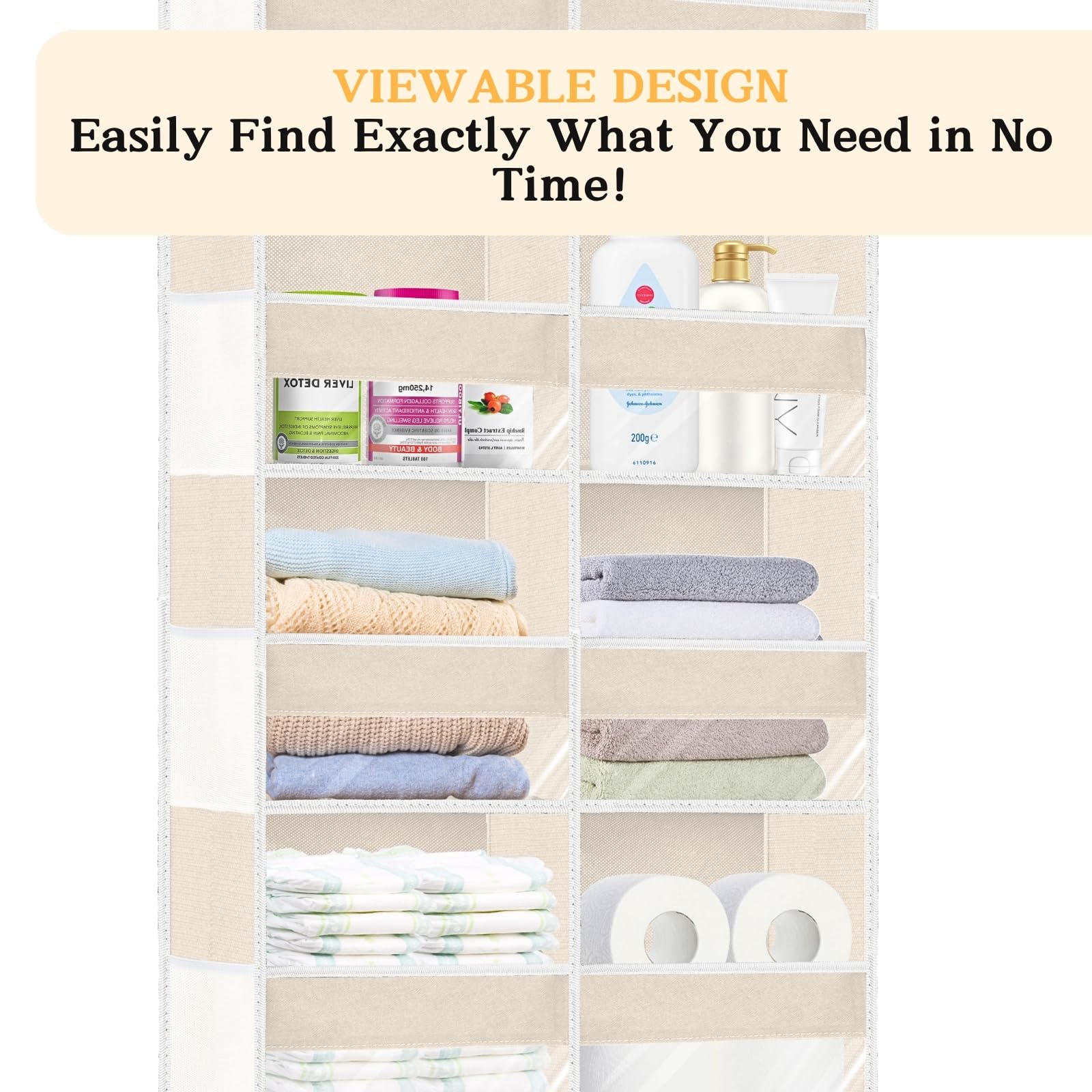 Ofiray-home unit showing 4 hooks and 12 mesh pockets for essentials