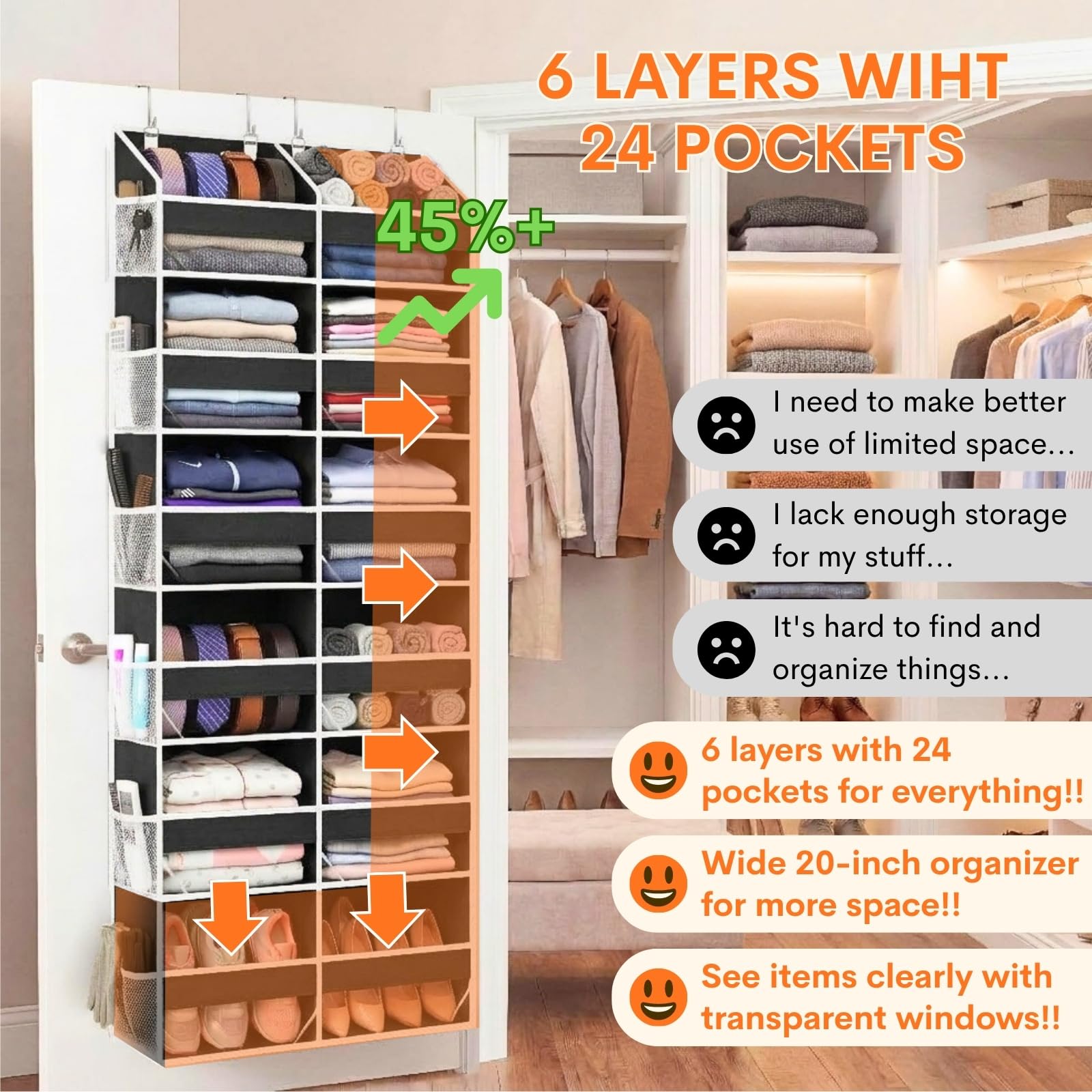 Ofiray-Home over-the-door storage showing 12 compartments for shoes, diapers, and essentials.