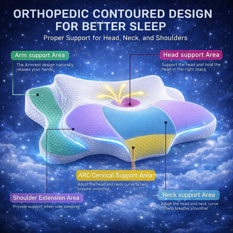 ofwaterstroll back-stomach sleeper pillow emphasizing neck support.