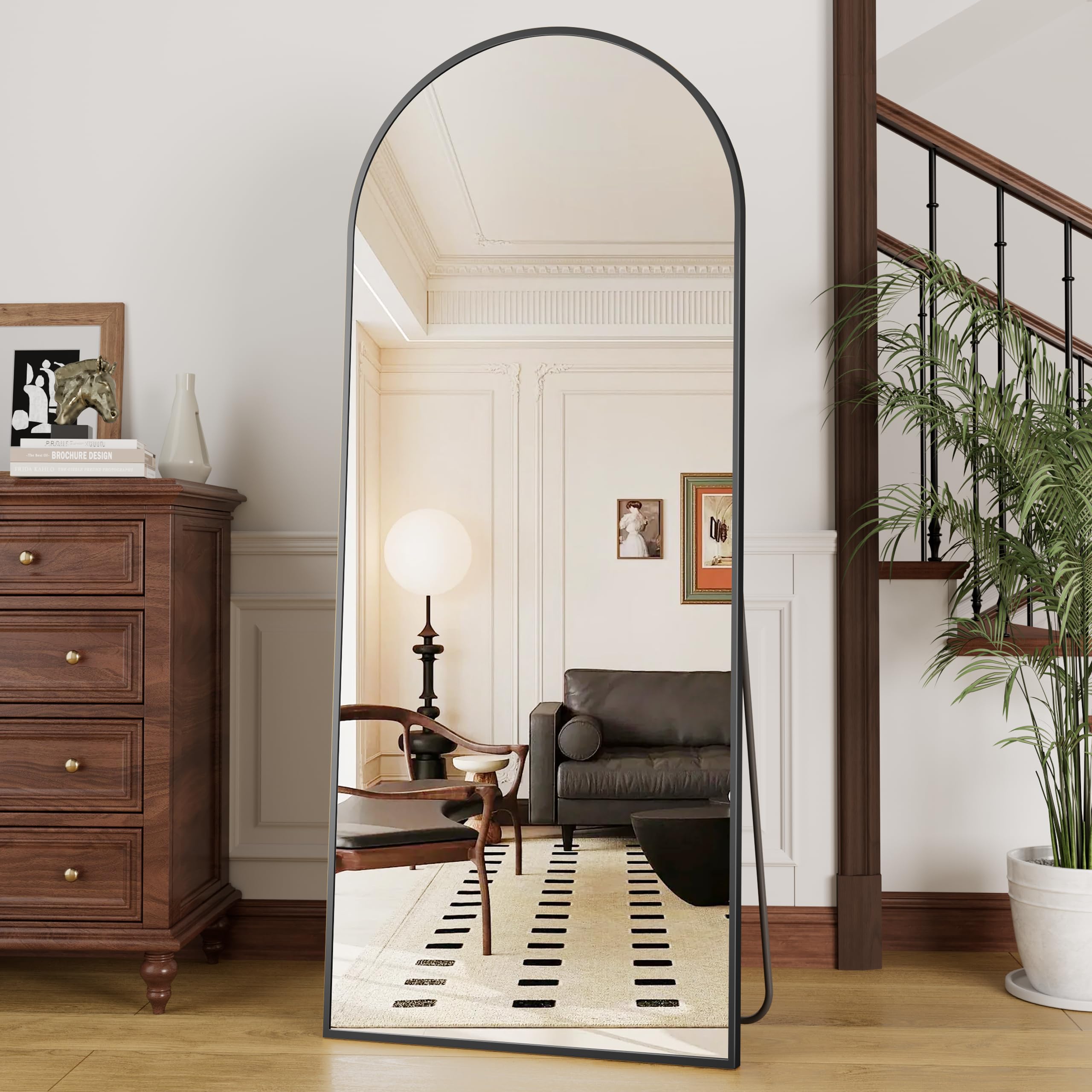 OGCAU full-length mirror aluminum frame black enhances modern bedroom decor