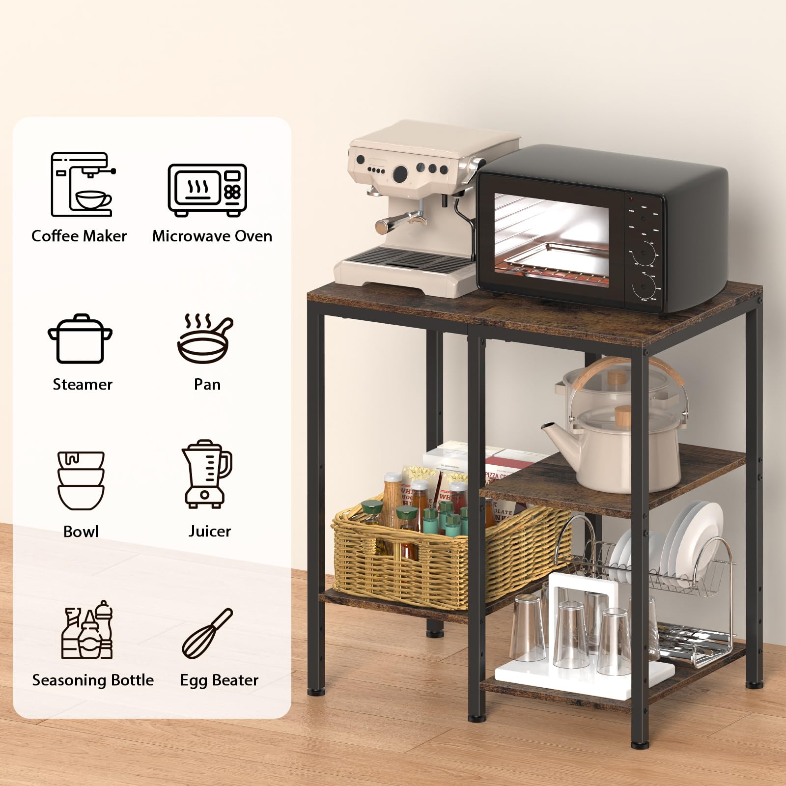 OGEMXU rustic brown microwave cart blends with decor and frees counter space.