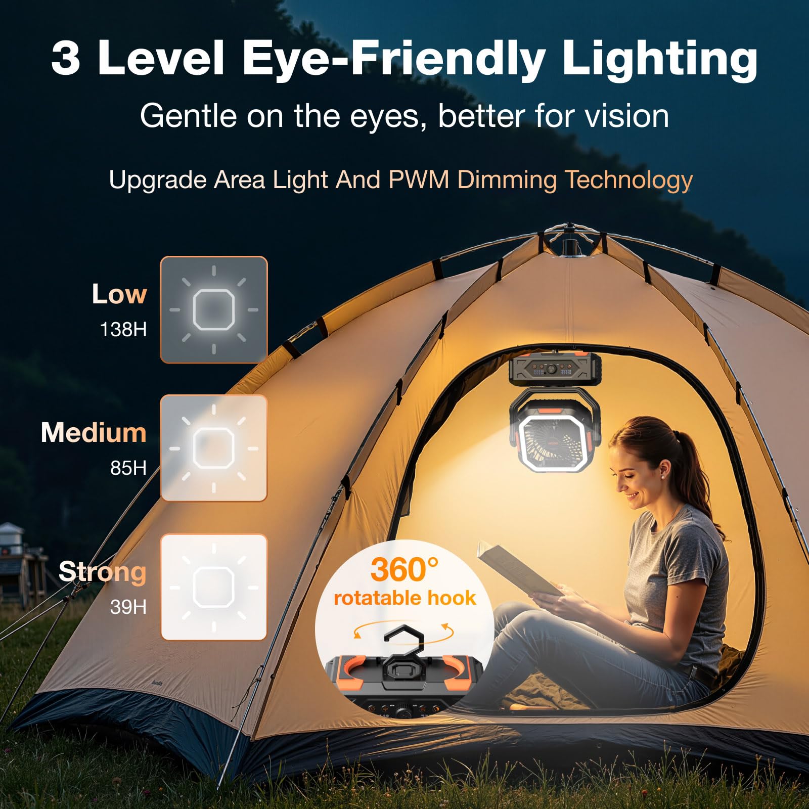 OGERY camping fan features a bright LED lantern for night use
