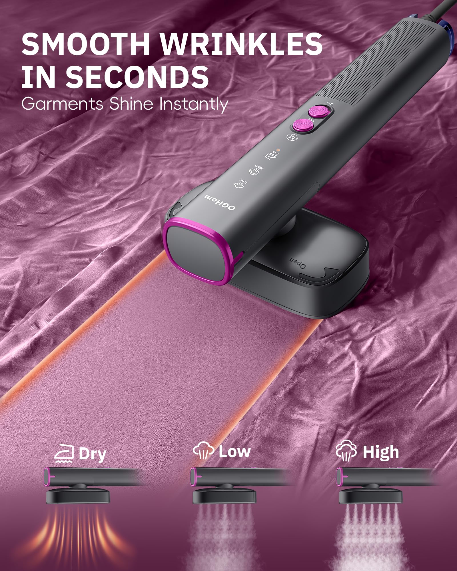 OGHom Steamer 2-in-1 dry and steam mode for versatile fabric care.