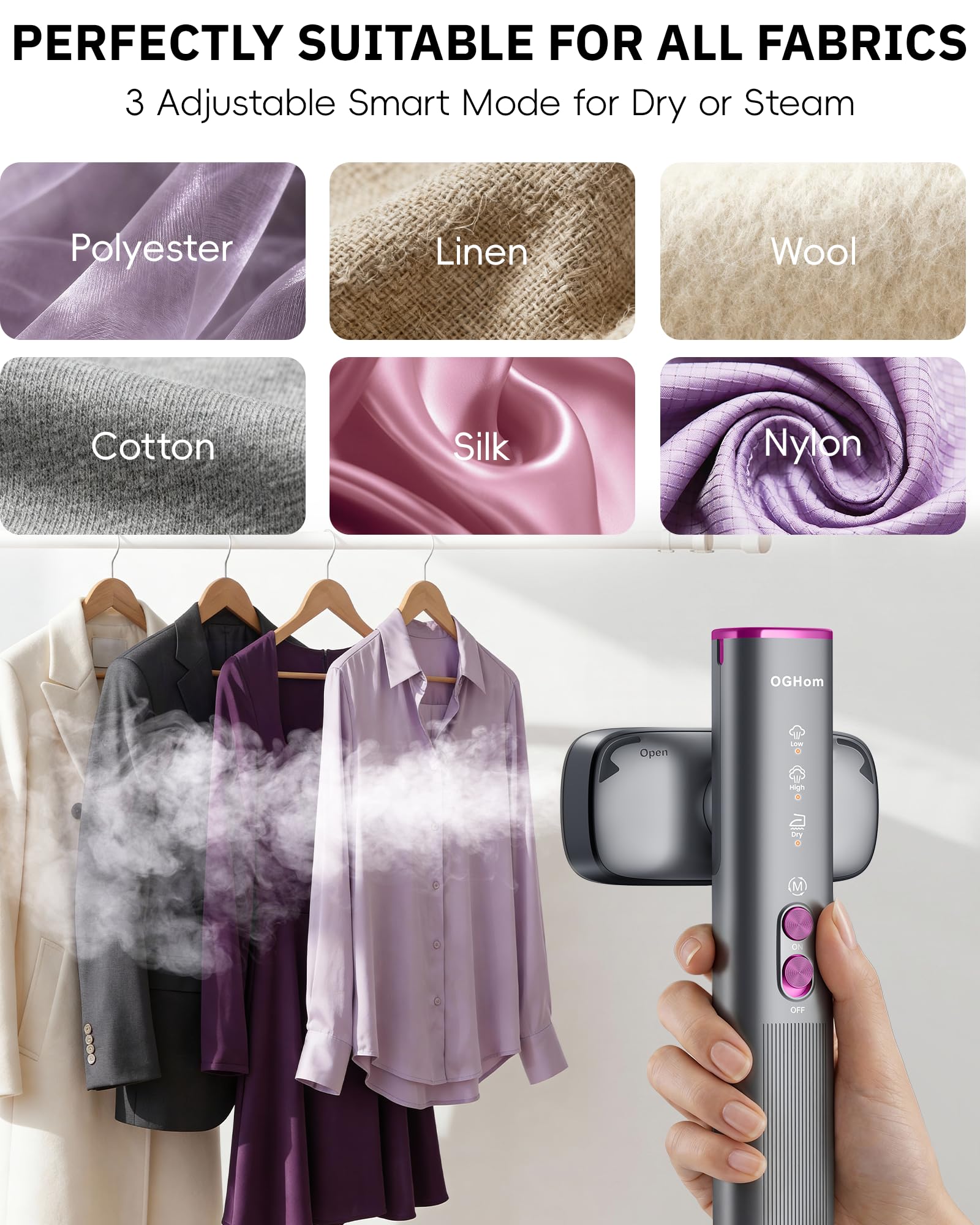 OGHom Steamer rotatable head 90 degrees for easier horizontal and vertical use.